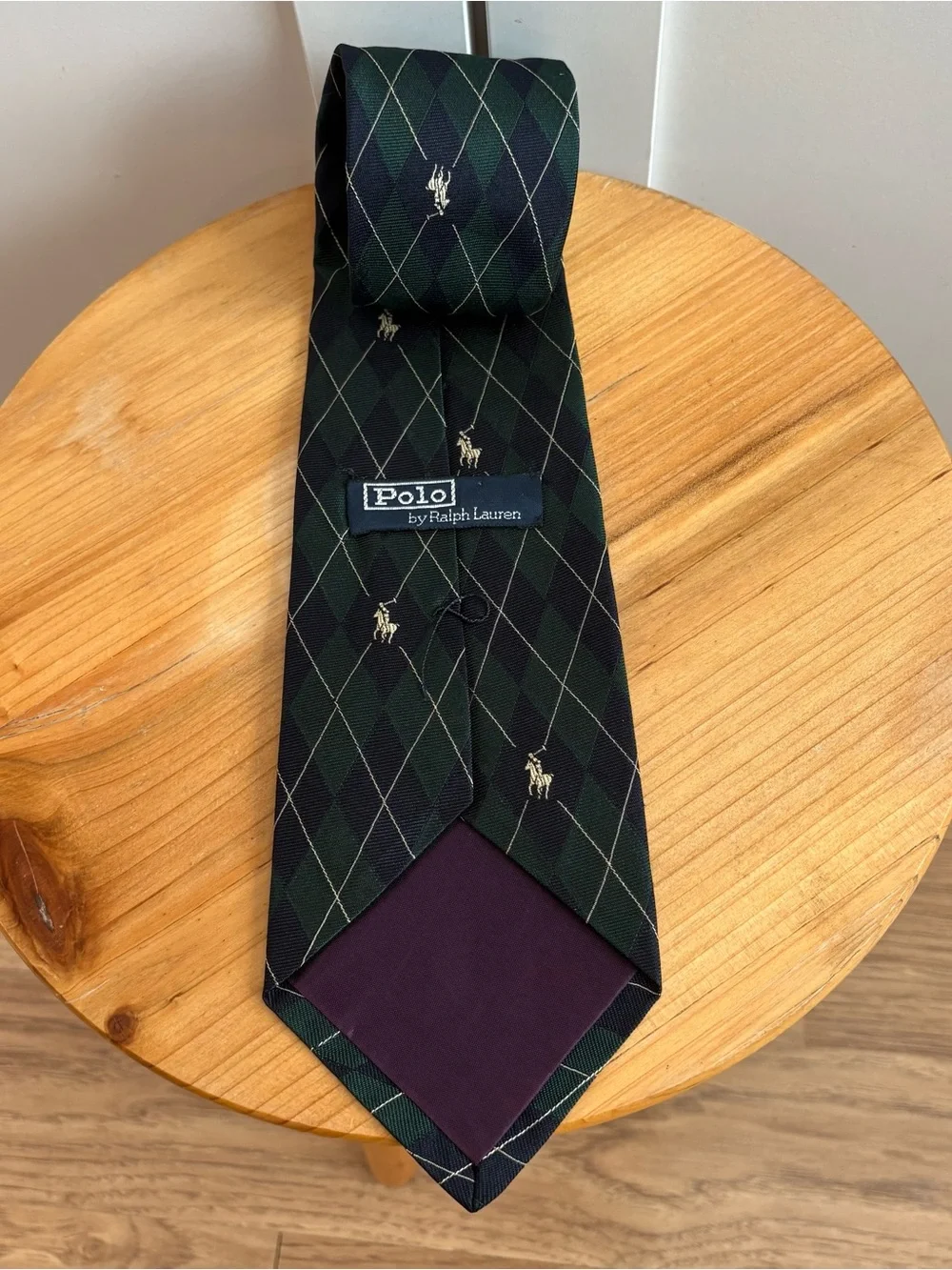 Vintage Polo Ralph Lauren Silk Tie Green Blue Argyle Plaid Embroidered Pony 90s